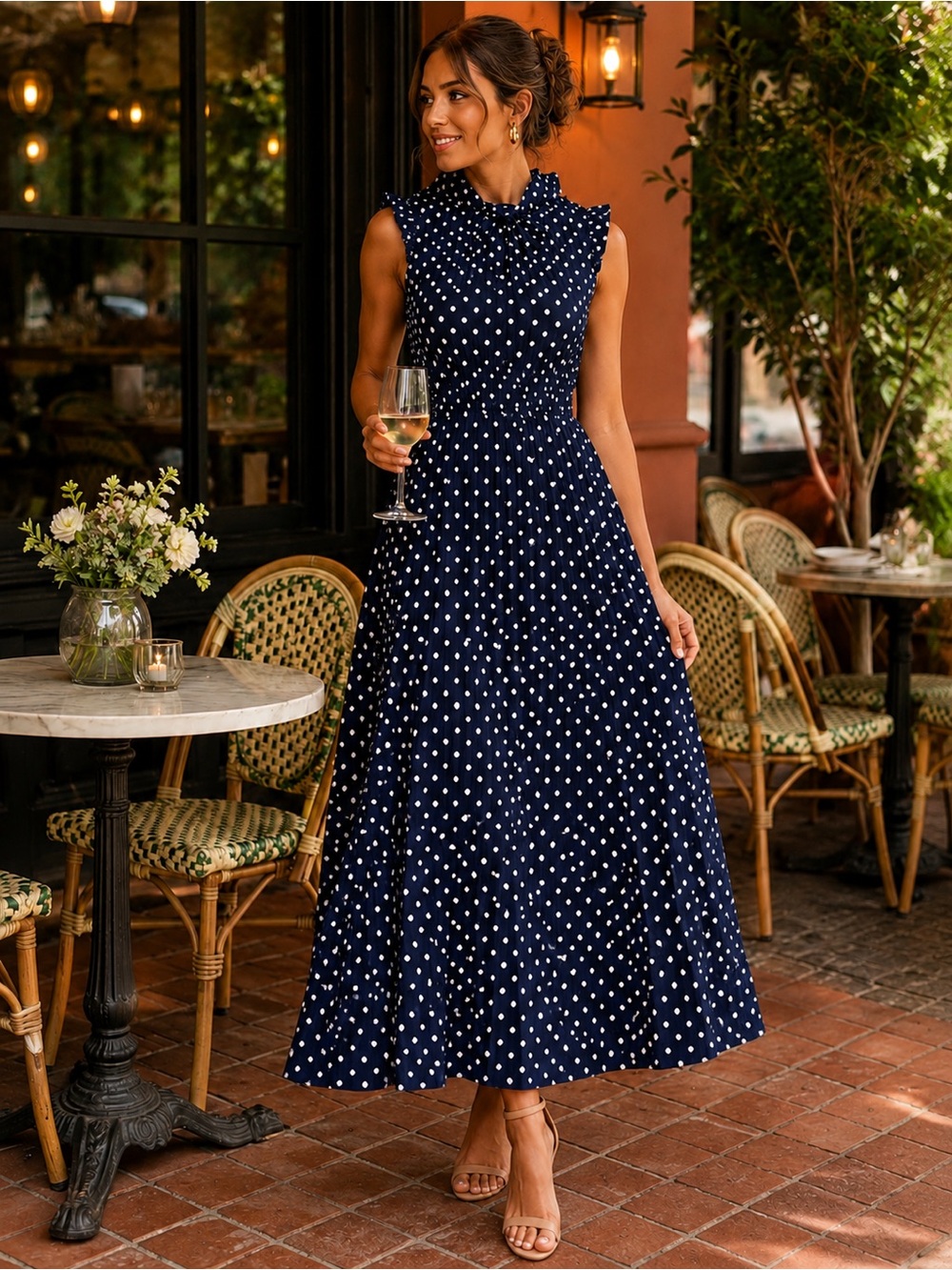 Karl Lagerfeld Paris Polka Dot Bow Neck Sleeveless Maxi Dress Size 6 - Picture 1 of 11